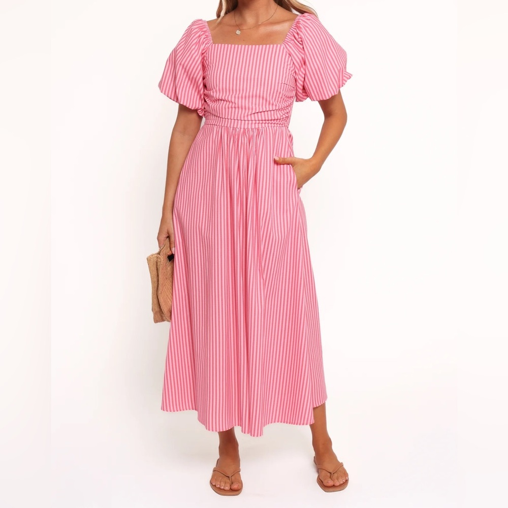 Petal & Pup Clo Puff Sleeve Midi Dress Pink Striped - Picture 2 of 8